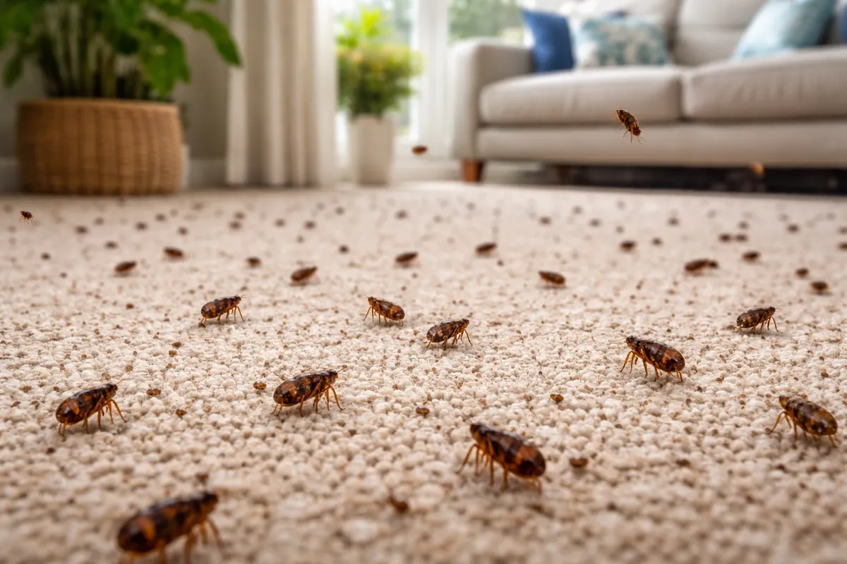 Flea infestation showing multiple fleas that require professional treatment