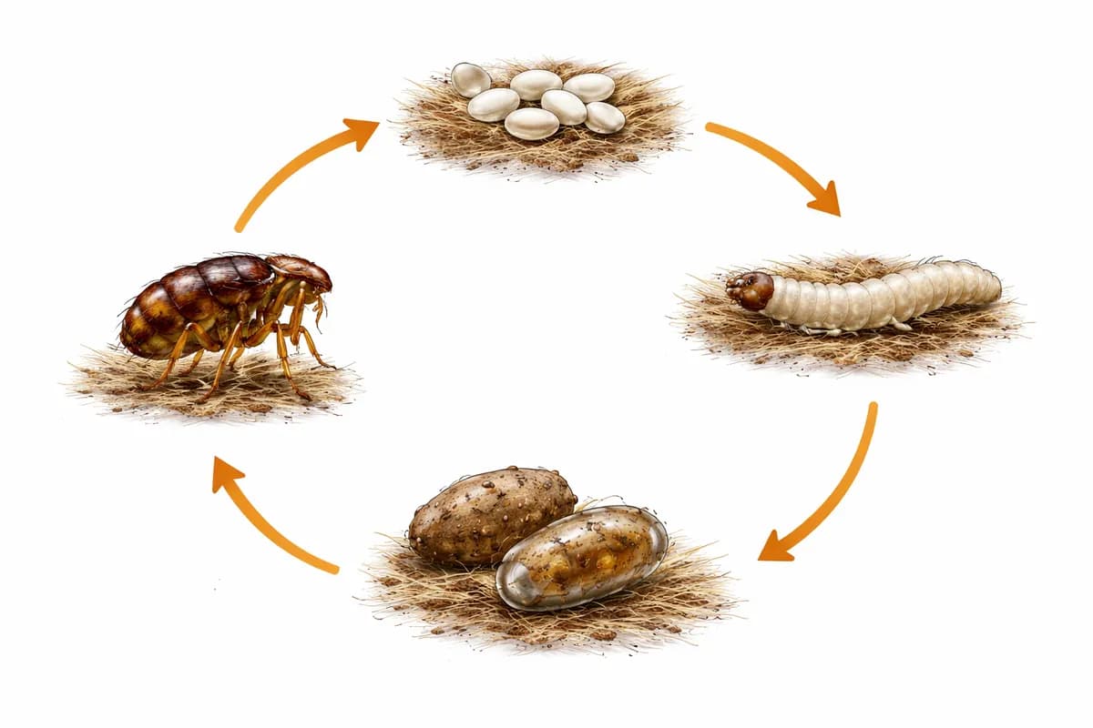 Flea lifecycle diagram showing egg, larva, pupa, and adult stages