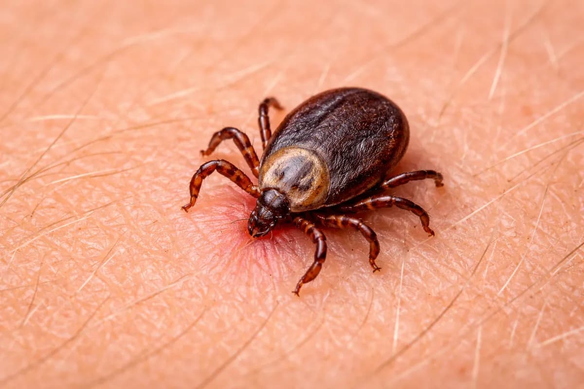 Tick embedded in skin showing how ticks attach